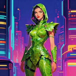 a woman in a leaf suit, cyberpunk art by adam manyoki, cgsociety, funk art, sci - fi, synthwave, ilya kuvshinov