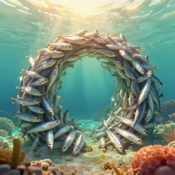 plump anchovies build an archipelago in the sheltered waters of a warm tropical ocean, digital art