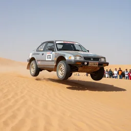 grey Honda Civic 2001 jumping over dune desert in the 2003 Dakar rally. Many spectators watch. Honda civic with rusted panels old Cannon Photo 45mm wide angle full view un cropped. 720p photo by Jesse Alexander.