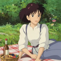 portrait of a woman having a picnic in a lush park, ilya kuvshinov face, highly detailed, cel shading, digital painting, kyoto animation key visual, in the style of hayao miyazaki and alphonse mucha