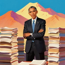obama nervously standing by a mountain of papers, matte painting, vibrant, colorful, 4 k, artstation, cgsociety