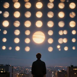 the sky is crowded with many multiple identical glowing planets. a thousand identical glowing planets in the sky. focus on the sky. man looking at the identical planets in the city sky. a lot of identical glowing planets! glowing planets grid. fantasy art by noah bradley, patrick woodroffe, chris rahn. extremely high details, realistic, masterpiece, artstation contest winner