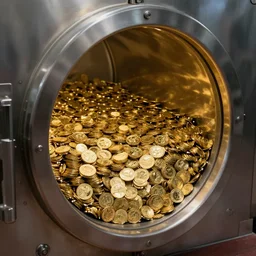photorealistic photograph of big vault full of gold coins