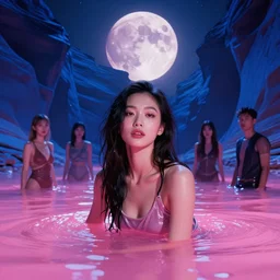 asian, american girl emerging from pink water in cyberpunk theme during a blood moon by the edge of a royal blue antelope canyon by conrad roset, nicola samuri, dino valls, m. w. kaluta, rule of thirds, seductive look, beautiful