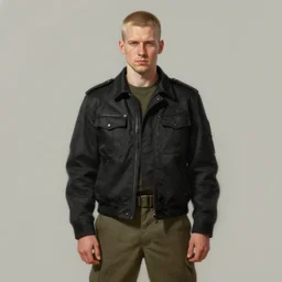 masterpiece painting of a portrait of a clean shaven dark short blonde hairRussian man, black jacket and military pants, featured in artstation, concept art by Greg Rutkowski, WLOP, Dan Mumford, Christophe Vacher