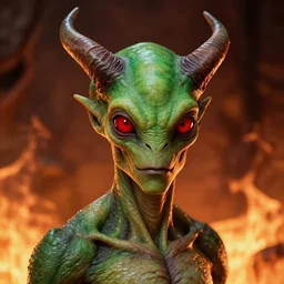 realistic alien, medium shot portrait, devil horns, green head. red eyes,!!! human eyes!!!, background flames, by wayne barlowe