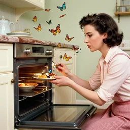 commercial of 1 9 5 0 s housewife opening an oven to reveal dozens of butterflies flying out, sylvia plath, flying bugs