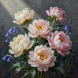 beautiful digital matter cinematic painting of whimsical botanical illustration of peonies and bluebells, whimsical scene bygreg rutkowki artstation