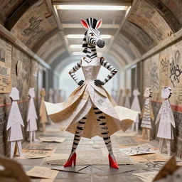 grafitti subway station made out of newpaper, beautiful anthropomorphic zebra woman wearing a flowing paper dress and posing with red high heels, paper origami, many origami paper people, tunnel background, heavenly light, 3 d, very detailed, octane render, trending artstation, artgem