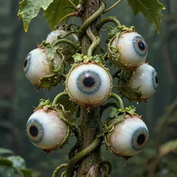 A plant whose fruits are human eyeballs. 8k high resolution, extremely detailed. D&D Monster manual, fantasy art, vines, extremely detailed, 8k resolution.