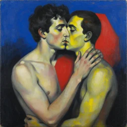 a man being overcome by love, blue red black yellow, detailed painting by painting by man ray and pablo amaringo