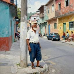 old man on street corner in favela painting by vladimir volegov, norman rockwell, tom of finland, coherent high res clarity, trending on artstation
