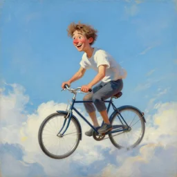 A whimsical painting of a happy man flying in the sky on his bicycle in the clouds, expressive oil painting, digital art by Ross Tran