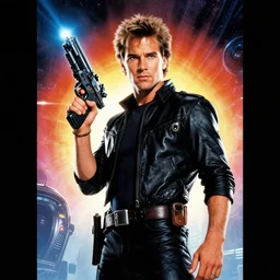 a movie poster with a man holding a sci - fi gun, poster art by drew struzan, cgsociety, retrofuturism, reimagined by industrial light and magic, poster art, movie poster