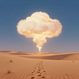a trail of softly glowing cloud leading the way across a desert, volumetric lighting, surreal flat colors, concept art