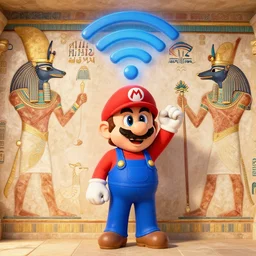 mario as egyptian animal gods looking for wifi, ancient egyptian murals.