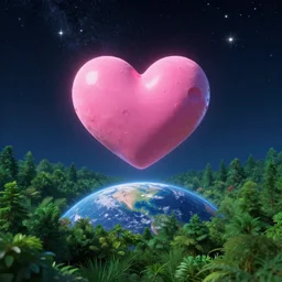 pink heart asteroid falling down to earth, starry night sky, green forest, beautiful, detailed, womp, 4 k