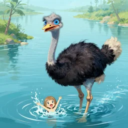 a beautiful ostrich manipulating water by karol bak, ayami kojima, artgerm, river, water, blue eyes, smile, concept art, fantasy