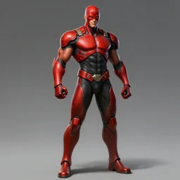 hyper detailed full body character concept digital painting master piece of a muscular red and black superhero, wearing a neuromancer armor, hyper realistic, vivid color scheme, by cristian sauret