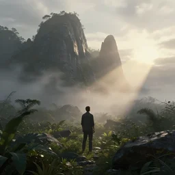 photorealistic matte painting of mr burns standing far in misty overgrowth undergrowth jagged rock features volumetric fog light rays high contrast dawn