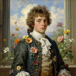medium - shot, young handsome man 1 7 years old, yves saint - laurent, darken golden hair, flowers, 1 8 th century clothes, laces, flowers, by the window, clouds, flowers, sharp focus, highly detailed, digital art, oil painting, masterpiece, artgerm, rutkowski, mucha, kojima, kinkade