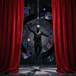 puppet on string behind red curtains, an album cover, dark ambiance, realism, featured on dribble, behance, holography, neoplasticism, holographic, cosmic horror, skeuomorphic, parallax