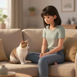 a girl sit on sofa beside cat, living room, intricate, bokeh, medium shot masterpiece, cg society, artstation, coherent, octane render, comic book