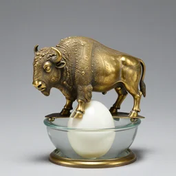 a 3 5 mm f / 1. 4 iso 1 6 0 0 photograph of an ornate brass bison, decorated with filigree engravings and mounted on a glass sphere containing a hard boiled egg.