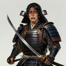 full portrait of crying japanese samurai holding a katana and a shield by wlop, katana, shield, black japanese heavy armor, o - yoroi, crying, pain, sorrow, wailing, detailed, realistic, anatomically accurate, fantasy illustration, artstation, wlop, 4 k.