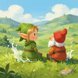 a splash painting of a cute elf and dwarf sitting on the edge of a hill, beautiful nature, beautiful landscape