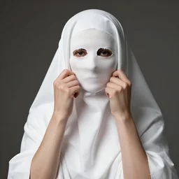 a cloaked woman, face wrapped in white paper, removes her face, takes off face, removes face, pulls down face, by mike davis,