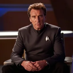 A film still of Liam Neeson in a Star Trek: The Next Generation, sitting in Ten Forward, dramatic lighting
