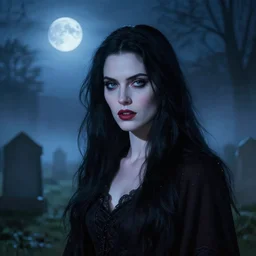 riveting charismatic ravenhaired female vampire, portrait, atmospheric lighting, painted, intricate, highgate cemetery, mist, cold, volumetric lighting, beautiful, blue moon light, sharp focus, ultra detailed, by leesha hannigan, ross tran, thierry doizon, kai carpenter, ignacio fernandez rios