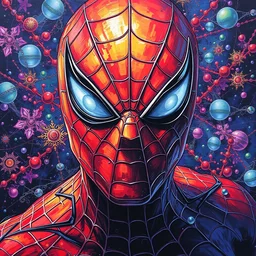 impasto pop - art oil painting portrait of spider man, ecstacy, intricate, illumination, fibonacci fractals, rule of thirds, vaporwave, vibrant colours