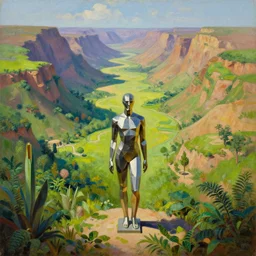 a vast and lush desert valley in the style of caravaggio, with a parametric statue of a metallic human in the middle of the foreground, oil painting, raytracing, 8 k, octane render, volumetric, vivid, beautiful, hyperrealism