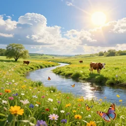 beautiful landscape, flowers by the river, buterflies, cows, sun and clouds