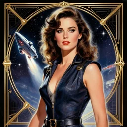 Eva Green  as a stunning ,  beautiful retro SCI-FI space heroine 1985 , star ship taking off in the background on the left side , movie poster, intricate, elegant, highly detailed, centered, digital painting, trending on artstation, concept art, smooth, sharp focus, illustration, art by raphael lacoste ,eddie mendoza ,alex ross, WLOP