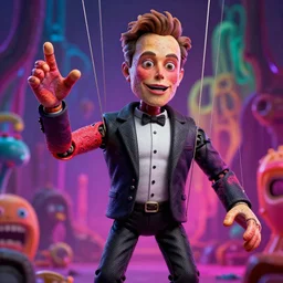 the world's richest man is a ventriloquist dummy from hell!, psychedelic horror trip, elon musk! as the puppet master, strings attached to the puppet, lsd textured skin, trending on artstation, photorealism, vibrant colors, digital art, octane render