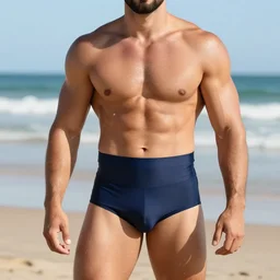 Muscular and bearded man wearing a high waisted speedo at the beach