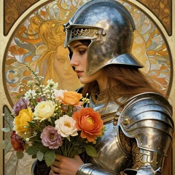 closeup portrait of a beautiful mysterious woman warrior wearing an armour costume and helmet, holding a bouquet of flowers, hands disappeared under the bouquet, profile view, fantasy, regal, intricate, by stanley artgerm lau, greg rutkowski, thomas kinkade, alphonse mucha, loish, norman rockwell