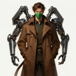 a highly detailed illustration of thick wavy brown haired young white guy wearing brown trench coat and wearing green face mask, with many mechanical arms on his back, dramatic hands in pocket standing pose, intricate, elegant, highly detailed, centered, digital painting, artstation, concept art, smooth, sharp focus, league of legends concept art, WLOP