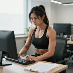 a muscular woman working in an office