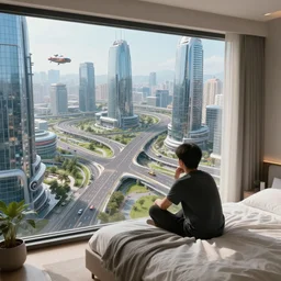 A thoughtful person sitting on a bed in a room on the second floor overlooking a futuristic city, Many winding roads, tall glass buildings, flying vehicles, drawing style, highly detailed, concept art, 4k, trending on ArtStation, CgSociety, octane render.