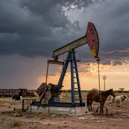 photo of a stormy west texas sunset, perfect rustic pumpjack!, wind turbine!, abandoned train!!, horses!!, cows!!, high resolution lightning, golden hour, high detail, beautiful!!!