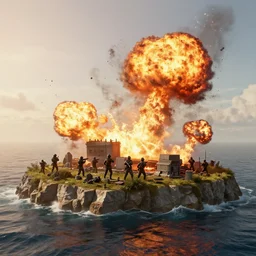 octane render of an island with terrorists and explosions during sunrise