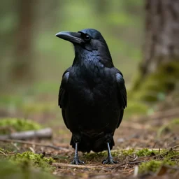anthropomorphic crow standing upright, photograph captured in a forest