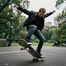concept art by Stan stalenhag of Agent 47 skateboarding in the central park. epic wide angle shot, cinematic lighting, photorealistic, award winning on Artstation, hyper detailed, hyper realistic.