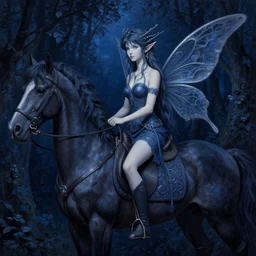highly detailed portrait of an elven fairy, riding a horse in the forest, highly detailed, painting, dark blue and black color palette, intricate, high quality anime artstyle, in the style of ilya kuvshinov