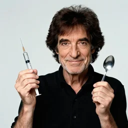 portrait of bob ross holding a syringe and a spoon, photo