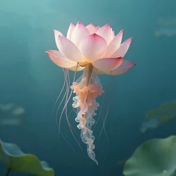 a lotus flower floating underwater like a jellyfish, leaves as tentacles, photographic, photorealistic, volumetric lighting, detailed, smooth, artstation, octane render, unreal engine 5, greg rutkowski